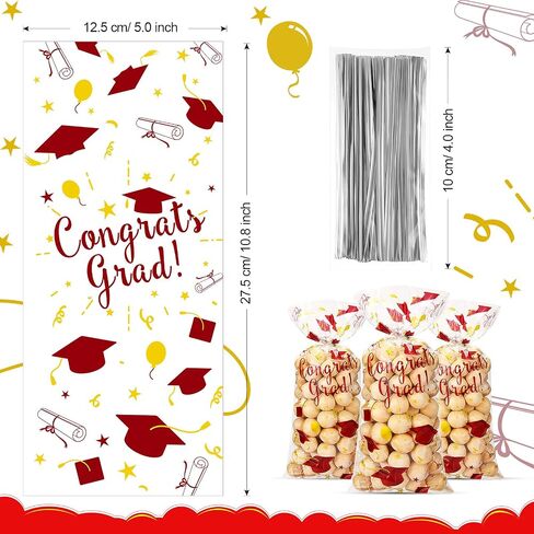 Blulu 100 Pieces Graduation Cellophane Treat Bags Congrats Graduates Candy Plastic Goodie Wrapping Gift Bags with 100 Silver Twist Ties for Grad Party Supplies(Green Gold) in Saudi Arabia