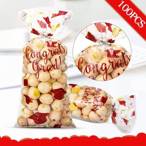 Blulu 100 Pieces Graduation Cellophane Treat Bags Congrats Graduates Candy Plastic Goodie Wrapping Gift Bags with 100 Silver Twist Ties for Grad Party Supplies(Green Gold) in Saudi Arabia