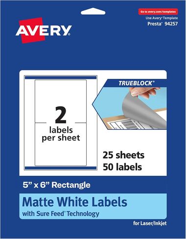 Avery TrueBlock Matte White Rectangle Labels with Sure Feed, 5" x 6", 100 Matte White Labels, Laser/Inkjet Printable Labels, Great for Packaging and Product Labels in Saudi Arabia