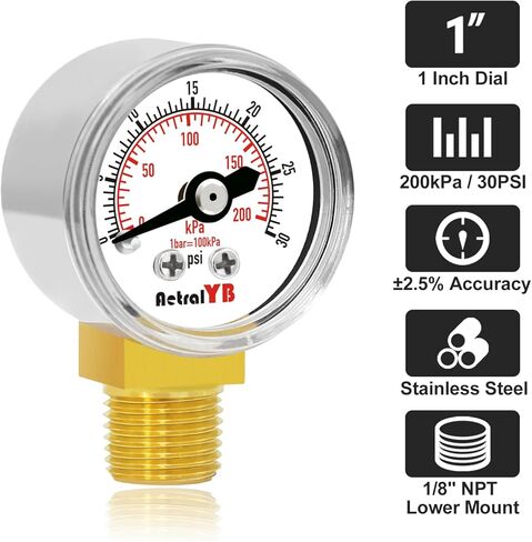 1 Inch Mini Pressure Gauge, 0-100 PSI Gauge, 1/8" NPT Lower Mount, Stainless Steel Case, Brass Internal, ±2.5% Accuracy, Pressure Gauge for Coffee Machines, Air Compressors, and Water Pumps in Saudi Arabia