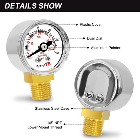1 Inch Mini Pressure Gauge, 0-100 PSI Gauge, 1/8" NPT Lower Mount, Stainless Steel Case, Brass Internal, ±2.5% Accuracy, Pressure Gauge for Coffee Machines, Air Compressors, and Water Pumps in Saudi Arabia