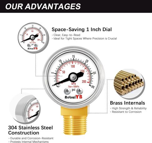 1 Inch Mini Pressure Gauge, 0-100 PSI Gauge, 1/8" NPT Lower Mount, Stainless Steel Case, Brass Internal, ±2.5% Accuracy, Pressure Gauge for Coffee Machines, Air Compressors, and Water Pumps in Saudi Arabia