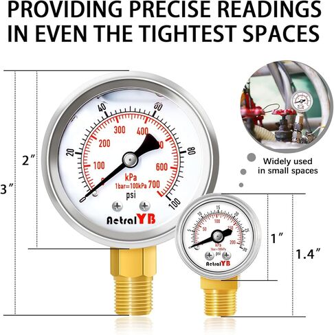 1 Inch Mini Pressure Gauge, 0-100 PSI Gauge, 1/8" NPT Lower Mount, Stainless Steel Case, Brass Internal, ±2.5% Accuracy, Pressure Gauge for Coffee Machines, Air Compressors, and Water Pumps in Saudi Arabia