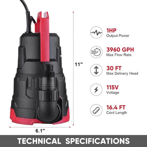 Sump Pump, 1/3 HP 1850GPH Automatic Submersible Utility Water Pump, Portable Electric Low Level Drain Water Removal Pump with Sensor Switch for Swimming Pool Basement Garden Pond Draining in Saudi Arabia