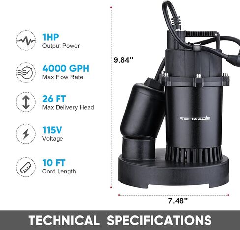 Sump Pump, 1/3 HP 1850GPH Automatic Submersible Utility Water Pump, Portable Electric Low Level Drain Water Removal Pump with Sensor Switch for Swimming Pool Basement Garden Pond Draining in Saudi Arabia