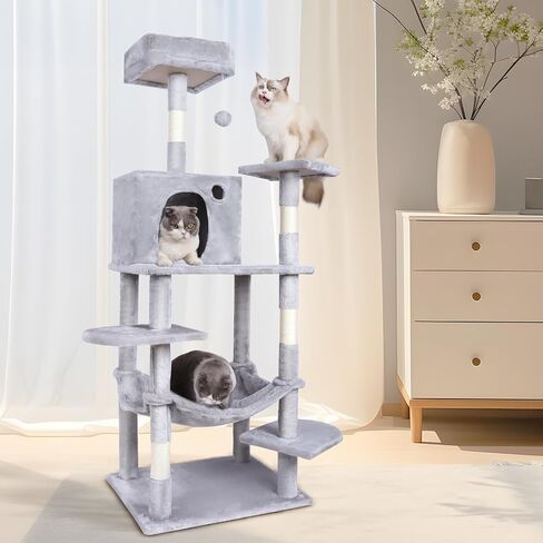 Cat Tree,55 inch Tall Cat Tree Tower for Indoor Cats,Cat Activity Center Large Cat Tree with Cat Condo, Hammock,Sisal Covered Scratching Posts,Funny Multi-Level Cat Tree Tower,Light Grey in Saudi Arabia