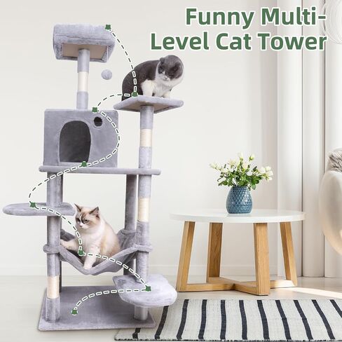 Cat Tree,55 inch Tall Cat Tree Tower for Indoor Cats,Cat Activity Center Large Cat Tree with Cat Condo, Hammock,Sisal Covered Scratching Posts,Funny Multi-Level Cat Tree Tower,Light Grey in Saudi Arabia