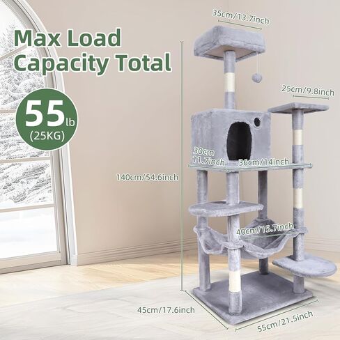 Cat Tree,55 inch Tall Cat Tree Tower for Indoor Cats,Cat Activity Center Large Cat Tree with Cat Condo, Hammock,Sisal Covered Scratching Posts,Funny Multi-Level Cat Tree Tower,Light Grey in Saudi Arabia