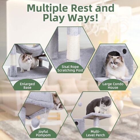 Cat Tree,55 inch Tall Cat Tree Tower for Indoor Cats,Cat Activity Center Large Cat Tree with Cat Condo, Hammock,Sisal Covered Scratching Posts,Funny Multi-Level Cat Tree Tower,Light Grey in Saudi Arabia