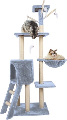 Cat Tree,55 inch Tall Cat Tree Tower for Indoor Cats,Cat Activity Center Large Cat Tree with Cat Condo, Hammock,Sisal Covered Scratching Posts,Funny Multi-Level Cat Tree Tower,Light Grey in Saudi Arabia