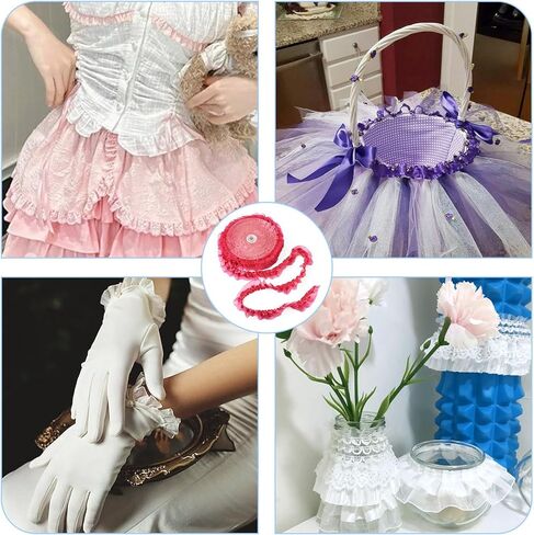 Craftdady 21.8 Yards Purple Ruffled Lace Trim Pleated Ribbons 1-5/8 inch Vintage Satin Organza Ribbons 2-Layer 40 mm Lace Edge Ribbon for Applique Sewing Wedding Embellishment in Kuwait