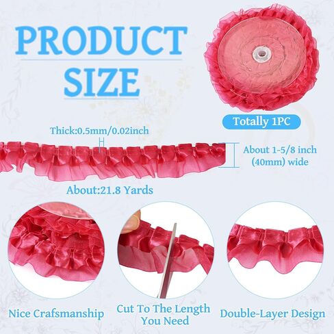 Craftdady 21.8 Yards Purple Ruffled Lace Trim Pleated Ribbons 1-5/8 inch Vintage Satin Organza Ribbons 2-Layer 40 mm Lace Edge Ribbon for Applique Sewing Wedding Embellishment in Kuwait