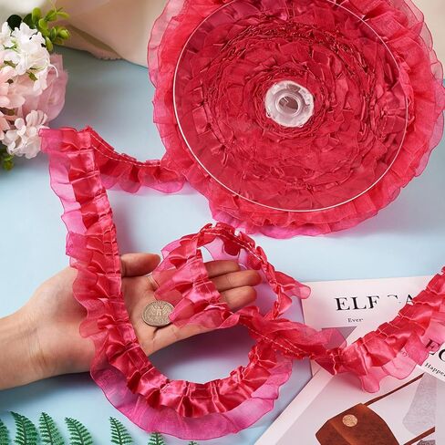 Craftdady 21.8 Yards Purple Ruffled Lace Trim Pleated Ribbons 1-5/8 inch Vintage Satin Organza Ribbons 2-Layer 40 mm Lace Edge Ribbon for Applique Sewing Wedding Embellishment in Kuwait