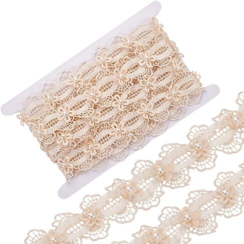 MAYJOYDIY 3 Yards 1.7inch Tan 3D Pearl Flower Lace Trim Beaded Floral Embroidered Lace Ribbon Sewing DIY Ribbon Craft for Bridal Dress Wedding Party Costume Hat Decoration in Saudi Arabia