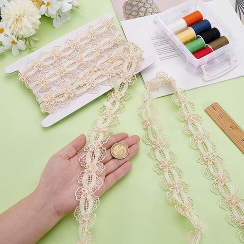 MAYJOYDIY 3 Yards 1.7inch Tan 3D Pearl Flower Lace Trim Beaded Floral Embroidered Lace Ribbon Sewing DIY Ribbon Craft for Bridal Dress Wedding Party Costume Hat Decoration in Saudi Arabia