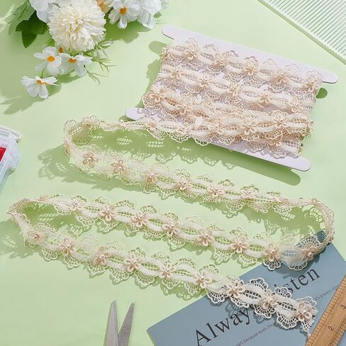 MAYJOYDIY 3 Yards 1.7inch Tan 3D Pearl Flower Lace Trim Beaded Floral Embroidered Lace Ribbon Sewing DIY Ribbon Craft for Bridal Dress Wedding Party Costume Hat Decoration in Saudi Arabia