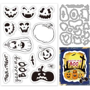 INFUNLY Halloween Pumpkin Clear Stamps and Die Cuts for Card Making Reusable Pumpkin Expression Cutting Die and Clear Stamp Pumpkin Metal Cutting Die Bat Rubber Stamps for DIY Scrapbooking Paper Decor