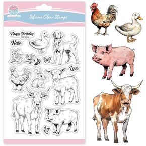 GLOBLELAND Farm Animals Clear Stamps for Card Making Cats Dog Sheep Pig Silicone Greetings Happy Birthday to You Transparent Stamps Seal for DIY Scrapbooking Embossing Photo Album Decor