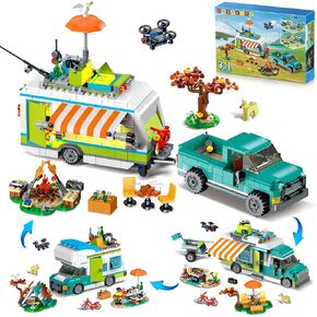 مجموعة Hogokids City Camper Van Building مع LED Light-3-in-1 Holiday RV Building Toy Toy for Kids 879pcs with Tent BBQ Grill Meanicles Friends Adventure Gail