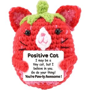 كروشيه قطة إيجابية ، عاطفية strawberry kitty الدعم الرائع التي تصنع يدويًا دمية عيد ميلاد هدايا ملهمة لعشاق هريرة أصدقاء عائلة ديكور حفلة