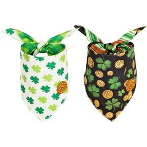 CROWNED BEAUTY St Patricks Day Dog Bandanas Reversible Large 2 Pack, Irish Clover Set, Green Plaid Adjustable Triangle Holiday Scarves for Medium Large Extra Large Dogs Boy Girl Pets DB160-L