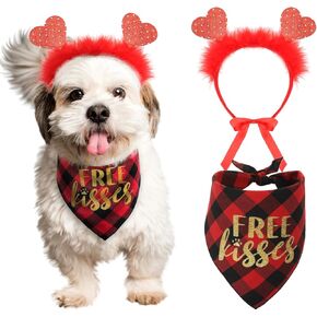 Dog Valentines Outfit, Valentines Day Dog Bandana and Heart Headband, Dog Valentines Day Costume