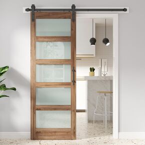 FREDBECK 36 x 84 inch Glass Barn Door with 6.6FT Barn Door Hardware Kit,5-Panel Frosted Glass, Water-Proof Surface,Pre-Drilled Holes,Need Assembly,Fit 33in-34in Opening
