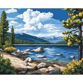 OKSGYTA Tahoe Lake Paint حسب عددهم للبالغين ، الطلاء المناظر الطبيعية في كاليفورنيا حسب عدد اللوحة القماشية للزيت الأكريليك DIY ، وديكور جدار السفر في المنزل تاهو ليكس أشجار الأشجار (16 × 20 بوصة)