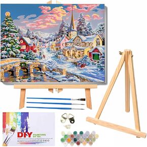 طلاء الشتاء في عيد الميلاد بالرقم للبالغين مجموعة الطلاء DIY مع easel للمبتدئين 12x16 بوصة رسم طقم الطلاء أصباغ مجموعة فرش شخصية هدية جدار المنزل الزخرفة