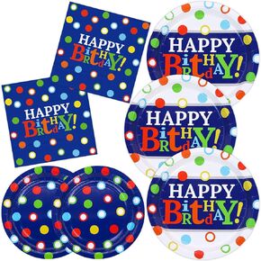 Dylives Colorful Dots Party Party Party Plates and Falkins Set ، Blue and Rainbow Polka Dots Dotts Birthday Party Party Decorities Absable Table Table Mot