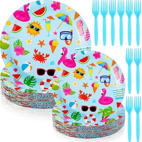 Zhehao 90 PCS Summer Pool Party Party Paper Paper and Forks Pool Party Supplies 9 '' 'يمكن التخلص منها 7' 'Paper Snack Plats Forks Forks For Kids Hawaiian Beach Decorations ،