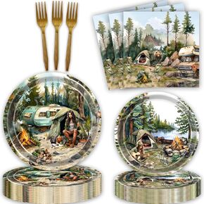 80 Pcs Camp Bachelorette Party Supplies Tableware Set Outdoor Adventure Party Decorations Favors Paper Plates Napkins Forks for Girls Bridal Shower Wedding Engagement Party Decorations