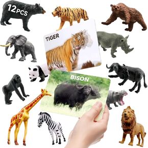 Dotimo Mini Zoo Animals Toys for Kids ، 12 مجموعة من شخصيات الحيوانات البرية الواقعية مع بطاقات فلاش ثلاثية الأبعاد ، ألعاب Montessori ، لعبة Science Educational Matching for Preschool & Toddler 3-5