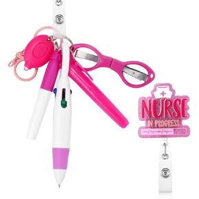 7pcs Nurse Pen Set, Badge Reel Pen Include Retractable Ball Pen Permanent Marker Pen Highlighter LED Flashlight Nursing Keychain Clip Scissors Work Student Nurse Gifts Nurse Badge Accessories