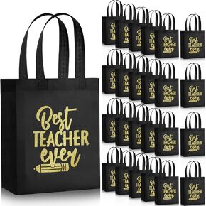 Tranqun 30 Pcs Teacher Appreciation Gift Bags 2025 Reusable Non Woven Black Gold Best Teacher Ever Tote Bags with Handles for Back to School Graduation Retirement Party Favor,10 x 8 x 4 Inch