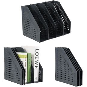 3 Packs Collapsible Plastic Vertical Magazine File Holder, 4 Compartment Upright Desktop File Organizer Rack for Home Office Classroom Desktop Organization, Gray