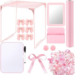 115 Pcs Pink Locker Accessories with Foldable Locker Shelf Pink Bow Pen Holder Magnetic Mirror Coquette Stickers Background Cloth Whiteboard Ribbon for Girl Back to School Essentials Decor