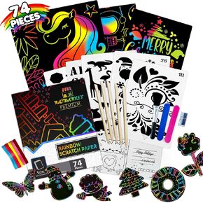 Raimarket Rainbow Scratch Paper 74 قطعة مجموعة خدش فن للأطفال ومفضلات الحفلات - إشراك مجموعة ورق الخدش الملونة للفنون الإبداعية للفيروسات والمرح صياغة ألعاب للبنات الهدايا