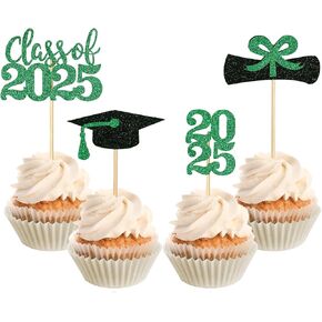 36 PCS 2025 تخرج موضوع القبعات العليا ، Glitter 2025 Cap Cap Diploma Cupcake يختار اختيارات الطعام/المقبلات لمستلزمات كعكة الحفلات العليا (الأخضر ، الأسود)
