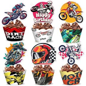 48pcs ديكورات عيد ميلاد للدراجة الترابية | 24pcs cupcake toppers & 24pcs cupcake wrappers party favors supplies sport