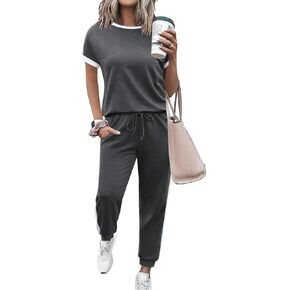 Marvmys Women Short Sleeve Tracksuit Set 2 Piece Sweat Set Outfits Color Block Jogging Suits with Pockets