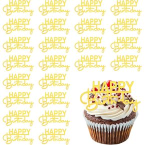 24 PCS عيد ميلاد سعيد كب كيك أعلى القبعات ، كعكة أكريليك توبيبر علامة مرآة الكعك المصغر لوازمة كب كيك الديكور للاحتفال بعيد ميلاد سعيد حفل الذكرى