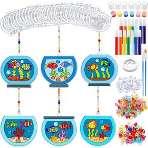 Leinuosen 24 مجموعة صيفي الحرف اليدوية السمكة Suncatchers Kits الزخارف الزخارف بائسة الصيف استوائي Suncatcher Kit حيوان مشهد طلاء المحيط البحر