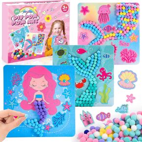 Pom Poms Arts & Crafts Kit for Toddlers, Boy & Girl Crafts for Kids Age 3-6 - Makes 3 Art Pieces - Kids Crafts Ages 3-6 - Mermaid Toddler DIY Sensory Activity - Builds Fine Motor & Coordination Skills