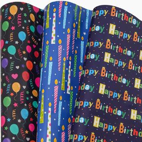 COOJOCE Birthday Wrapping Paper for Boys Girls Kids Men Women Holiday Birthday Party - 3 Large Sheets Colorful Balloon 'Happy Birthday' Blue Candles Gift Wrap - 27 Inch X 39.4 Inch Per Sheet