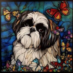 5D Diamond Art Painting Kits by Number for Adults Shih Tzu & Butterfly Stained Glass Style Diamond Art Painting Full Round Drill Rhinestone Embroidery Craft Kits for Decor 35x35cm(a84)