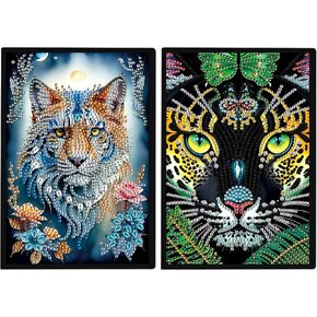 JISHSHAY 2 PCS Diamond Art Notebook Journal Diamond Painting Note Book Gem Art Sketchbook Gem Painting A5 Notebook Mosaic Kits for Adults Diary with Special Shaped 14.5×21cm/5.7×8.26in Tiger Panther