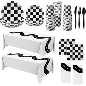 Oudain 162 Pcs Car Birthday Party Supplies for 20 Guests Checkered Racing Party Decorations 2 Checkered Flag Rectangular Tablecloth for Racing Car Christmas Dinner Plates(White)
