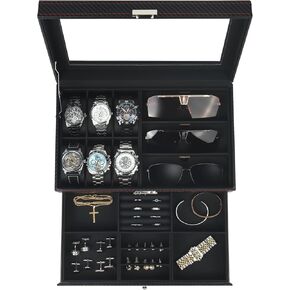 Watch Jewelry Box Organizer, 6-Slot 2-Layer Watch Case and Sunglasses Storage with Large Glass Lid, Men's Jewelry Box with Lock, Watch Holder Display Case, Gift for Men Women