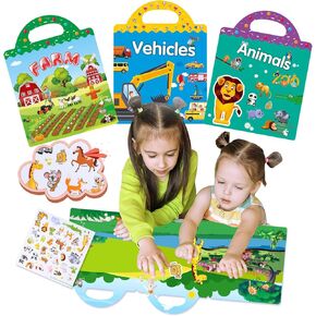 Toddler Reusable Sticker Books for Toddlers, Reusable Stickers for Toddlers, Reusable Sticker Books for Toddlers Toddler Sticker Books 3 Pack (Farm Vehicle Animal)